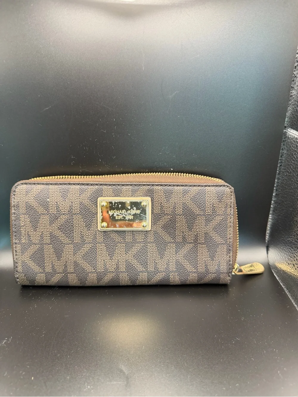 Michael Kors Brown Logo Zip Continental Wallet with Gold Plate